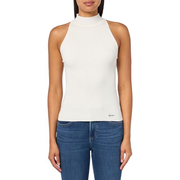 Guess Women's Eco Blaire Halter Neck Sleeveless Sweater Cream Ribbed Tank XL NEW - Picture 1 of 9